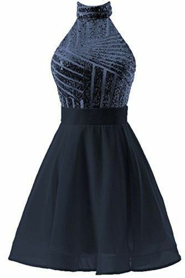 Dazzling Halter Metallic Sequin Bodice Knee Length Cocktail Party Mini Dress - Click Image to Close